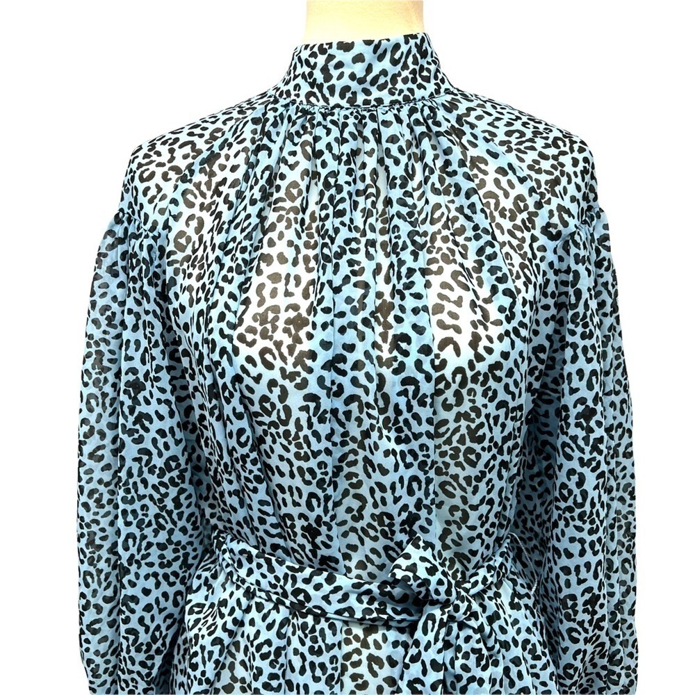 ASOS Blue Animal Print Belted Puff Sleeve Sheer Blouse Women’s 8 - Picture 10 of 13